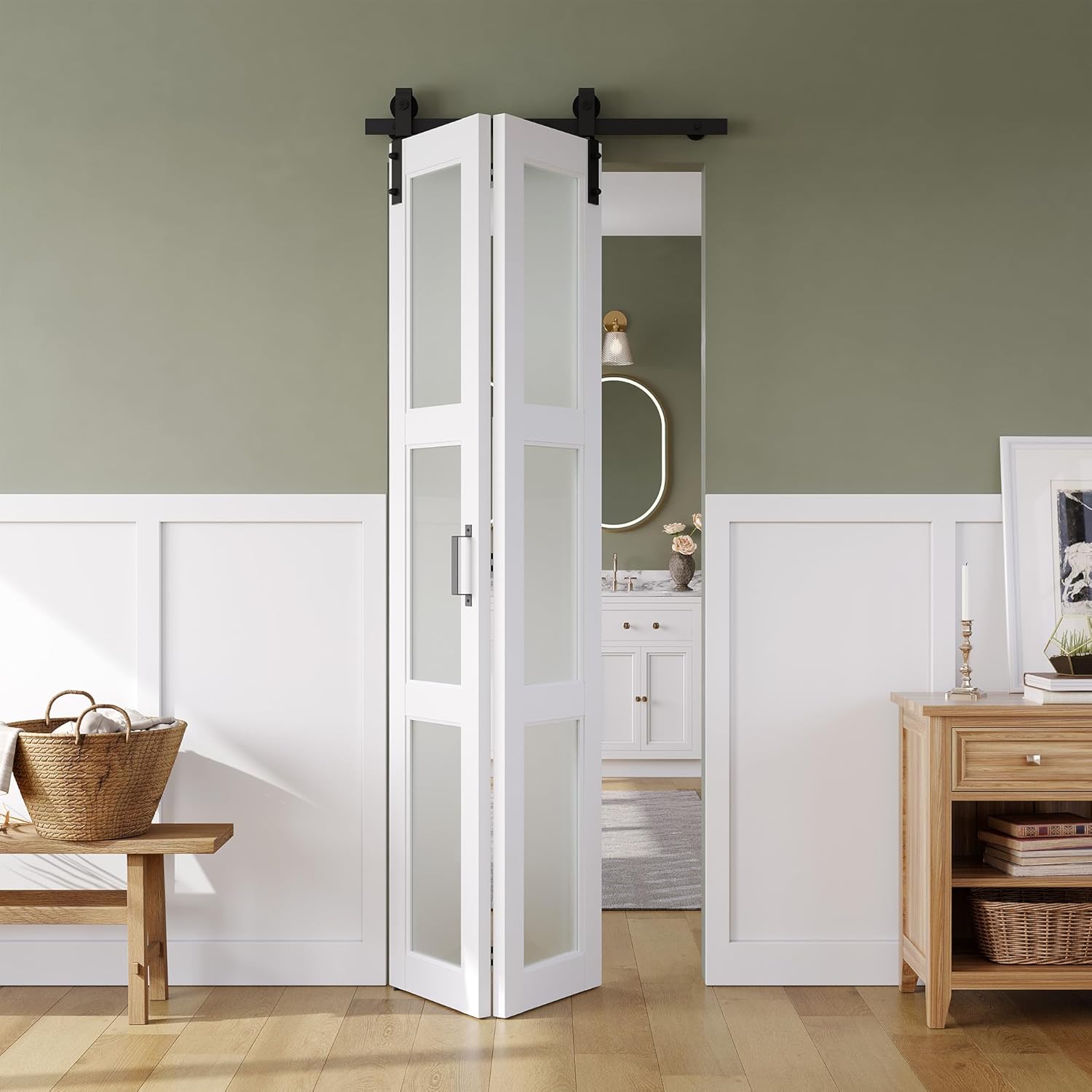 SMARTSTANDARD 30in x 84in Bifold Barn Door, Frosted Glass Barn Door with Hardware Kit Included, - B0D8KNKT78