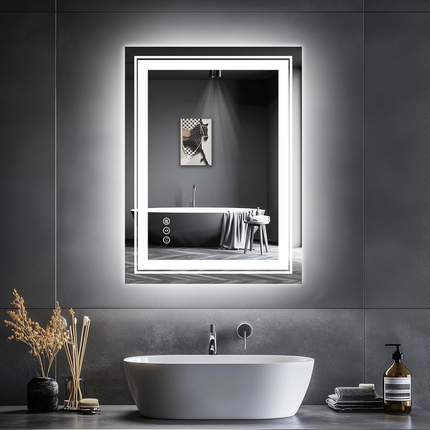 Snowdool LED Bathroom Mirror, 48"X40" with Front and Backlit, Anti-Fog, Large Bathroom Vanity Mirror - B0C7CDCSQC