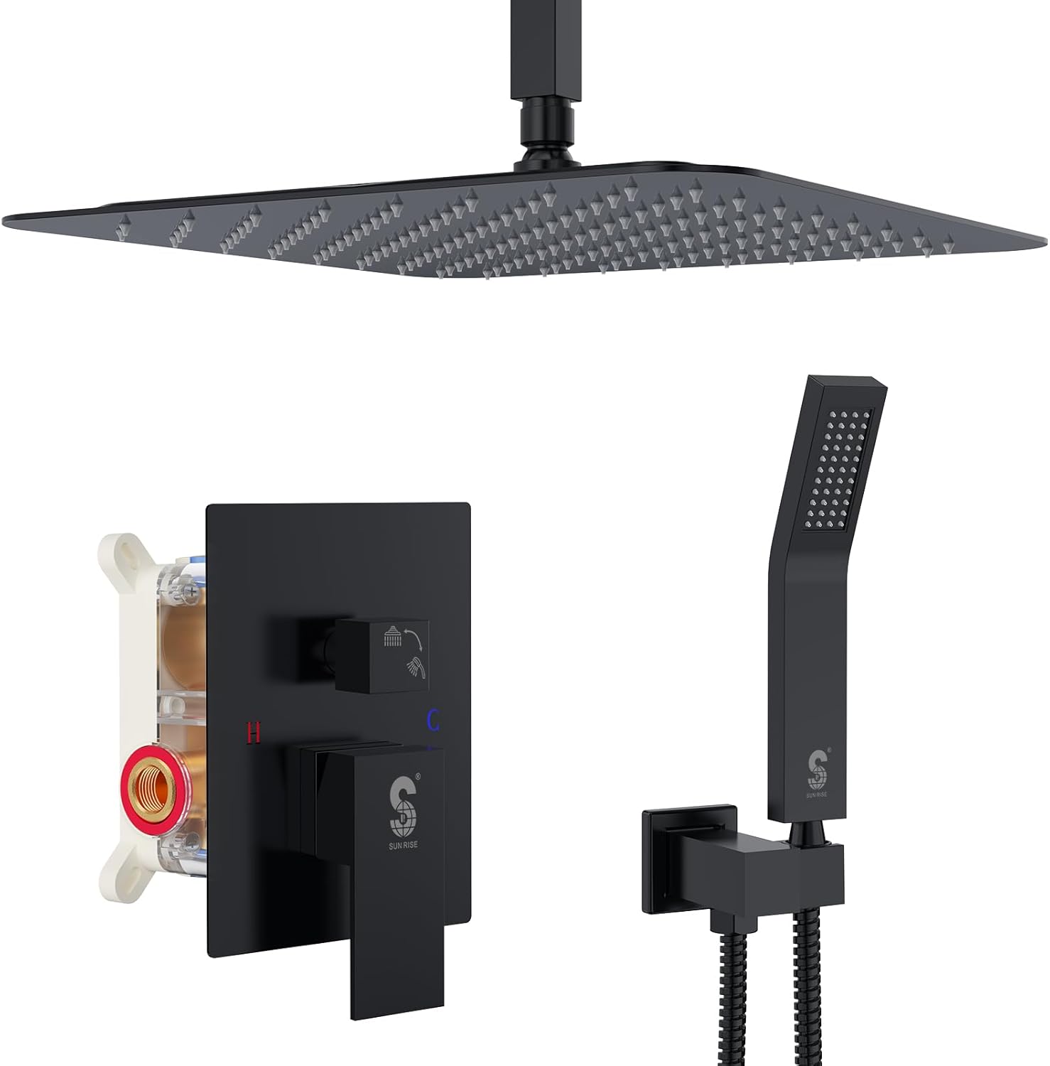 SR SUN RISE 12 Inch Ceiling Mount Matte Black Shower System Bathroom Luxury Rain Mixer - B07Y2XWV4X