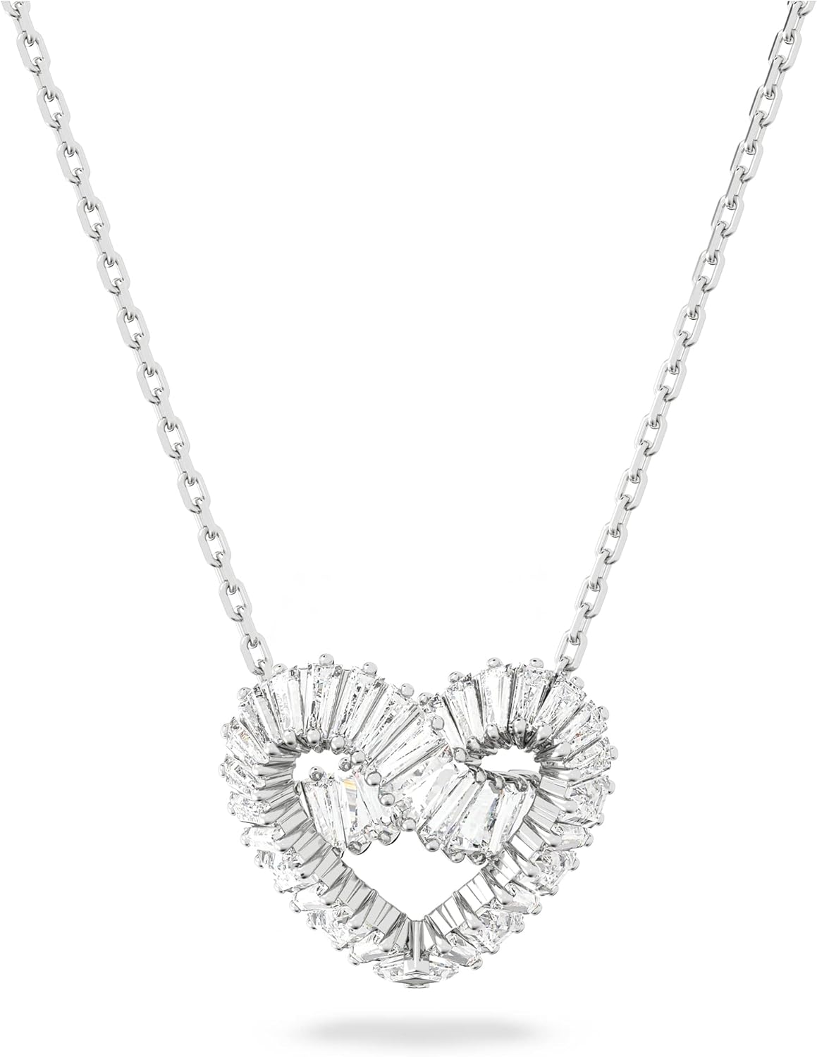 Swarovski Matrix Pendant Necklace, Woven Heart-Shaped Motif with Clear Crystals on a Rhodium Finishe - B0BMWDPFLW