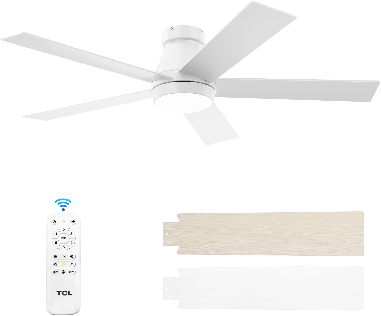 TCL 52" Modern Ceiling Fan with Lights, 5 Blades, 6 Speeds DC Reversible, Dimmable, White - B0D4ZC89NR