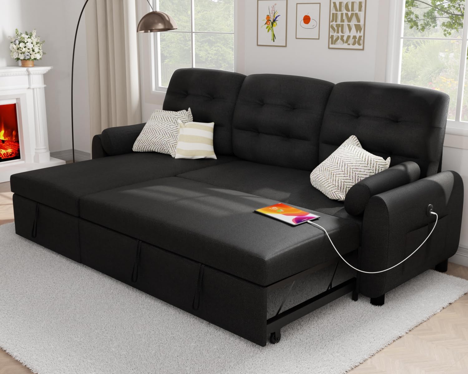 Ucloveria Sectional Sofa Couch, 87" Sleeper Sofa Bed with Reversible Storage Chaise Pull Out Couch - B0D3V34QCY