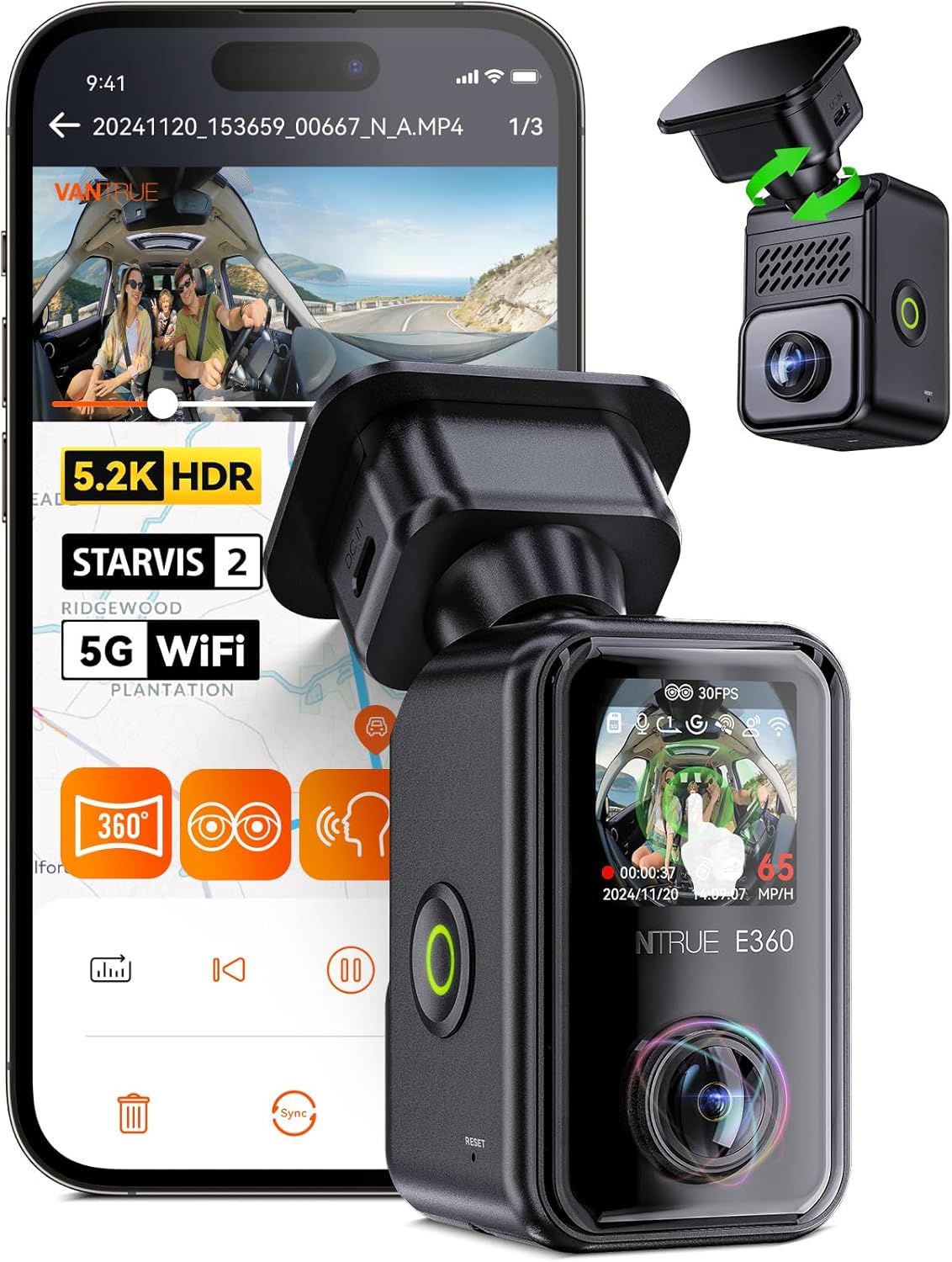 Vantrue E360 5.2K 360Â° Panoramic Dash Cam, 5GHz WiFi&GPS, Dual STARVIS 2, HDR,8 IR Night - B0DK6KY6FF