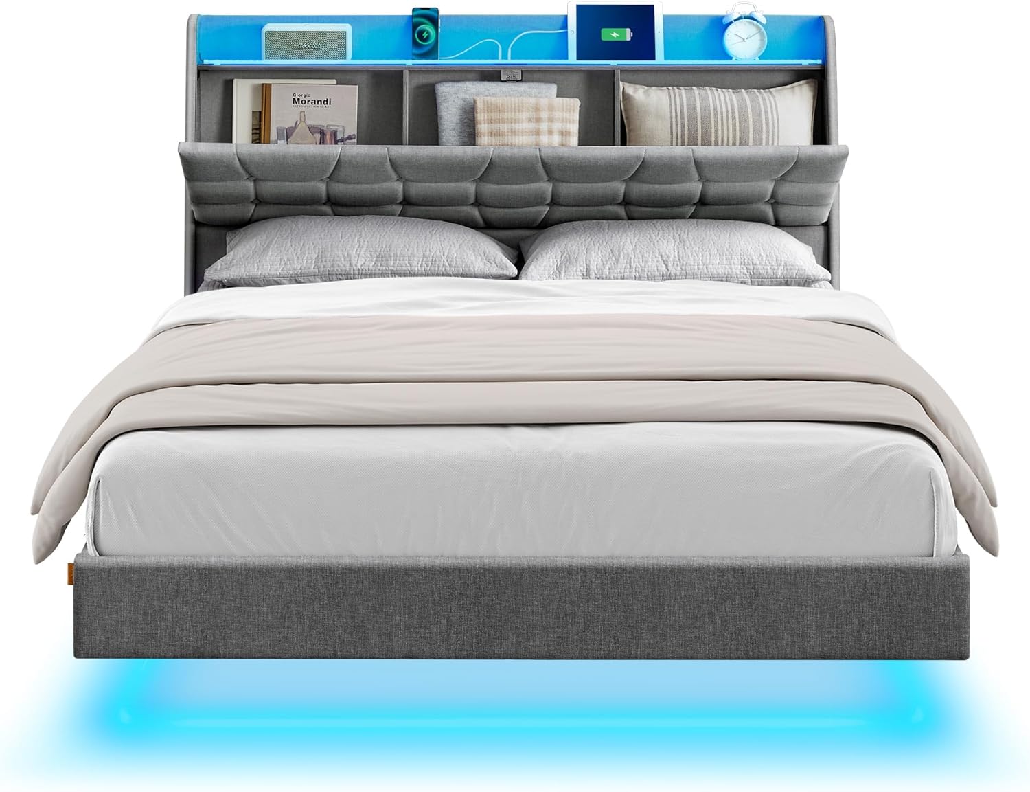 VASAGLE Queen Size Floating Bed Frame with LED Lights, Queen Bed Frame with Charging Station, - B0D59KNSQ6