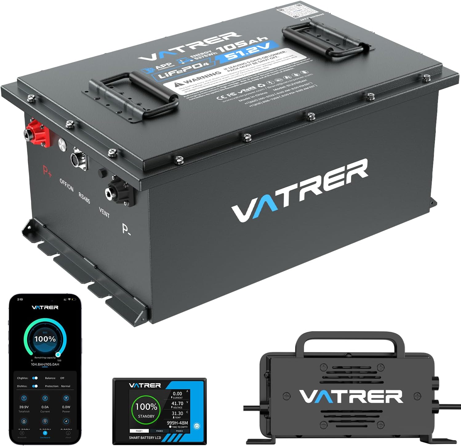 VATRER POWER 48V 105Ah Lithium Golf Cart Battery, Built-in Smart 200A BMS, with Touch Monitor - B0BPRR2GBR