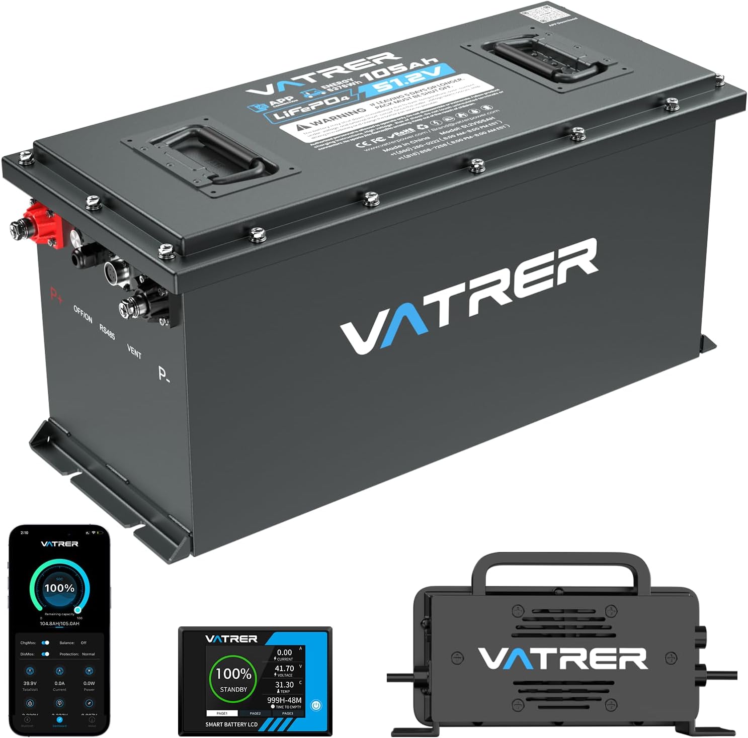 VATRER POWER 48V 105Ah Narrow Lithium Golf Cart Battery, Built-in Smart 200A BMS, with Touch - B0D1G8MDXR