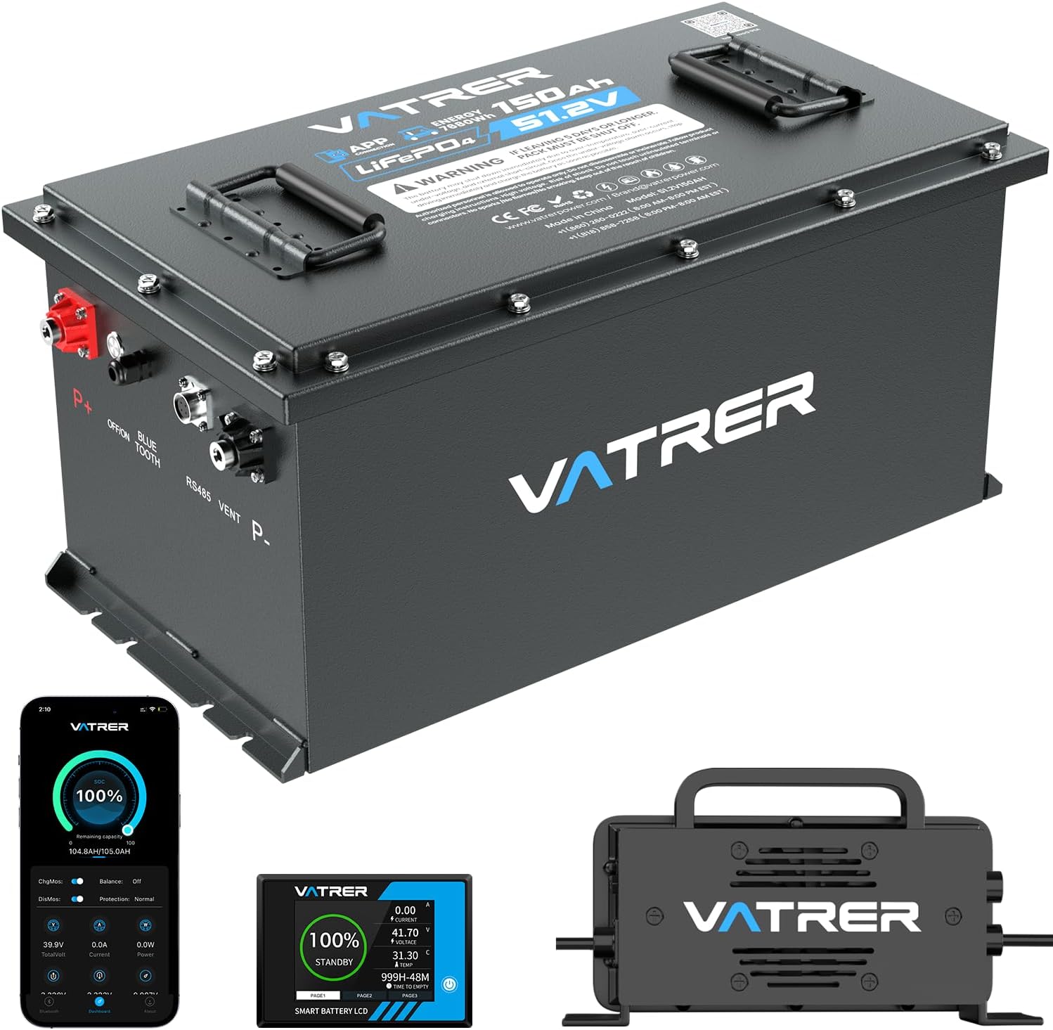 VATRER POWER 48V 150Ah Lithium Golf Cart Battery, Built-in Smart 200A BMS, with Touch Monitor - B0D1BNQQB8