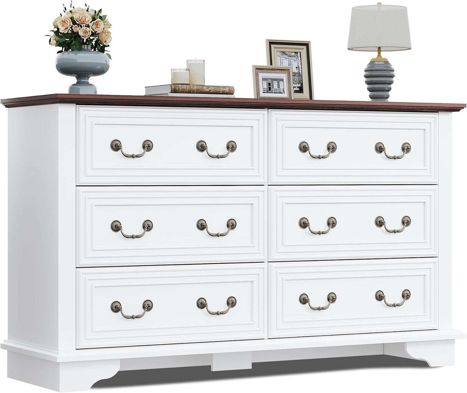 WLIVE Farmhouse Dresser for Bedroom, 51.97'' Wide Wood White Dresser with 6 Drawer, Chest of - B0DK8TKC9B