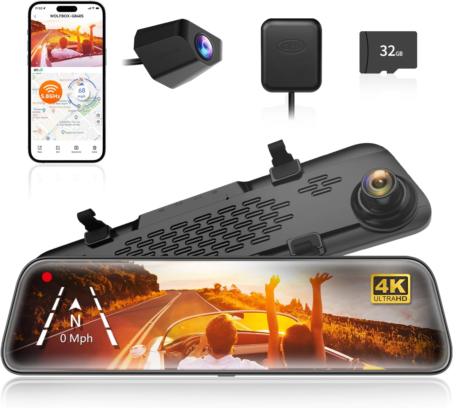 WOLFBOX G840S 12" 4K Mirror Dash Cam Backup Camera, 5.8GHz WiFi Smart Rearview Mirror for - B0811Q28N6