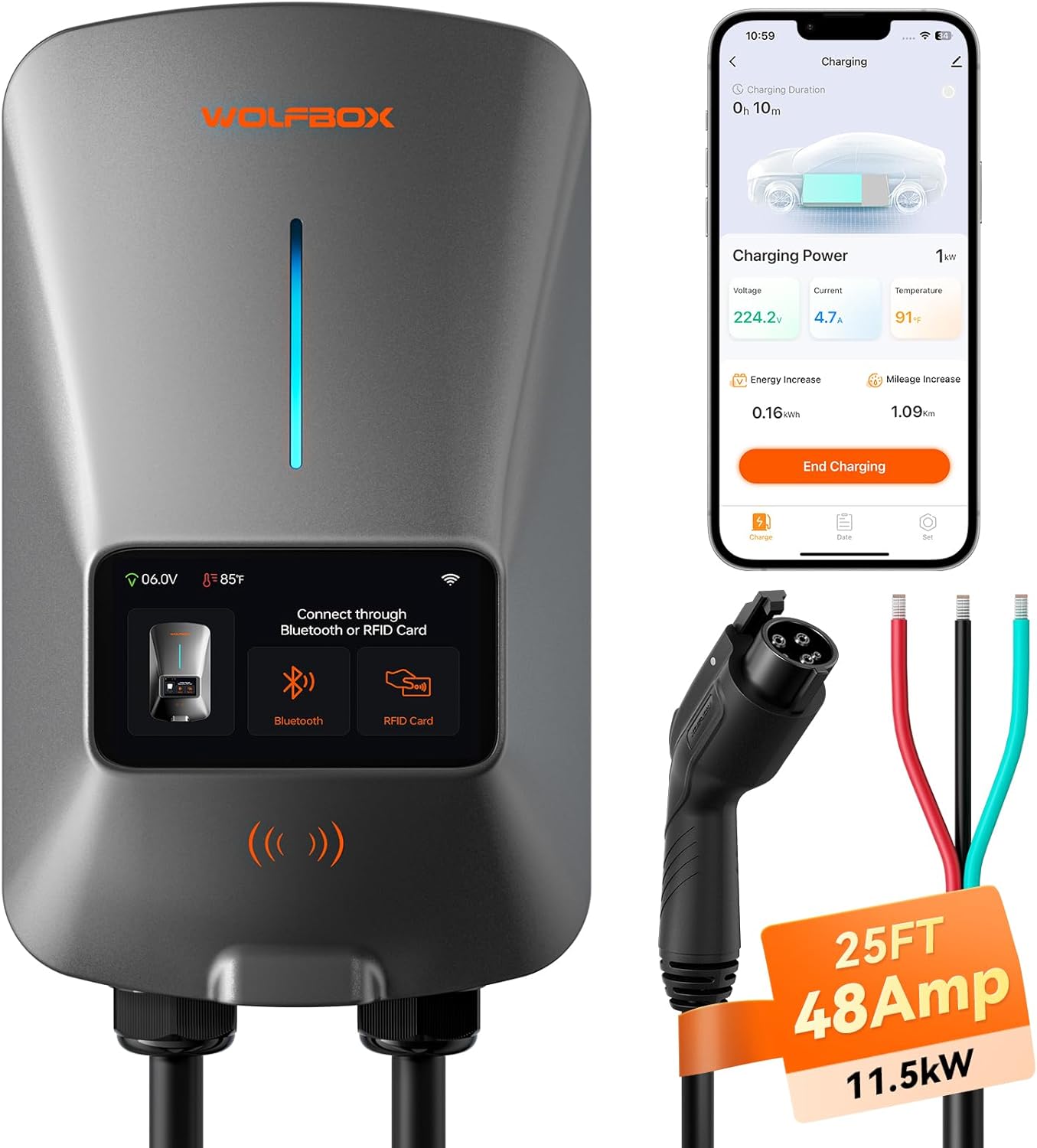 WOLFBOX Level 2 EV Charger 48 Amp - Smart Display, RFID Card, 25ft Cable, Outdoor/Indoor, - B0CZHRV5WX
