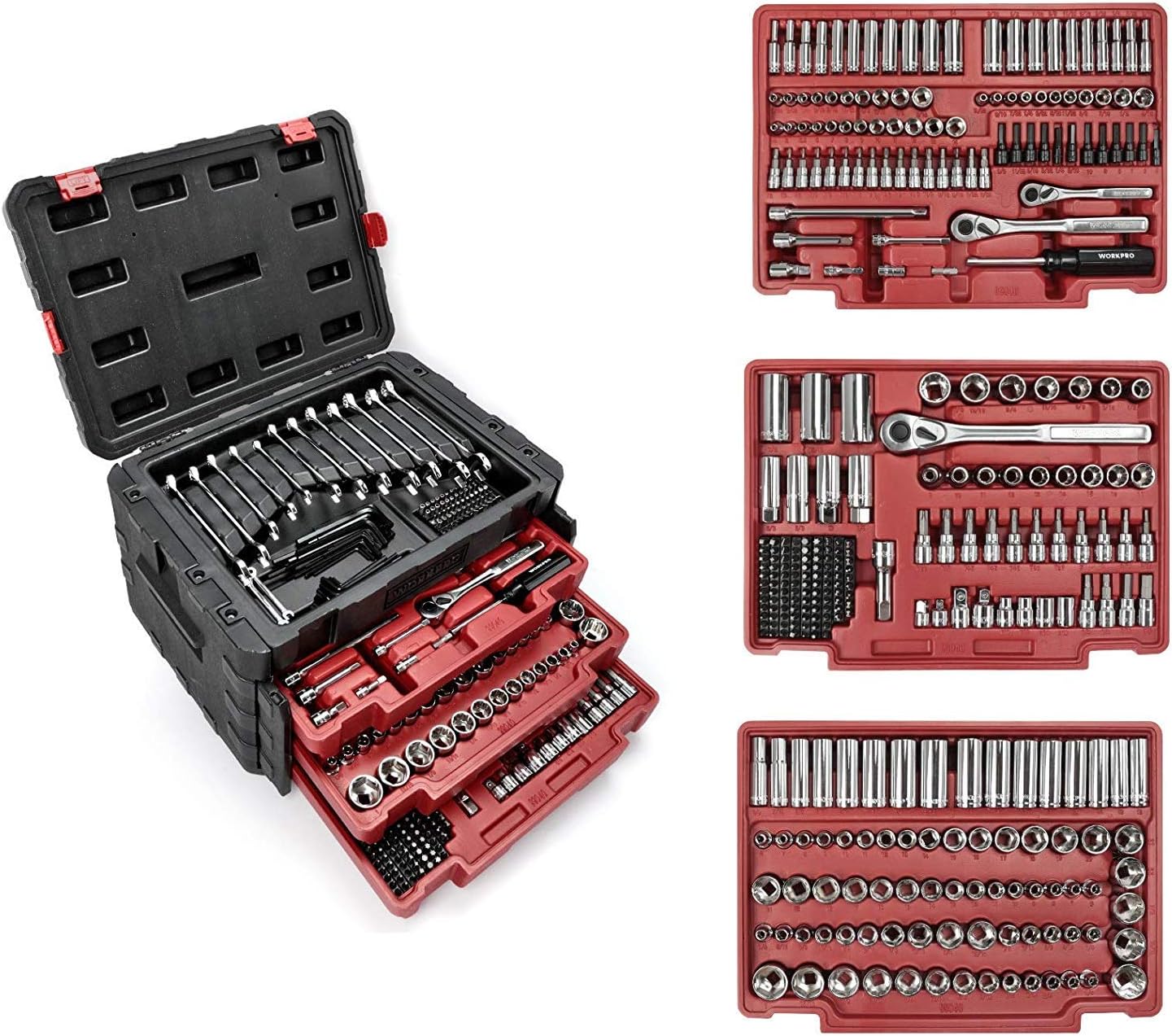 WORKPRO 450-Piece Drive Socket Set 1/2" 1/4" 3/8", CR-V Metric and Imperial with Quick-Release Ratch - B07CJ2LL3F