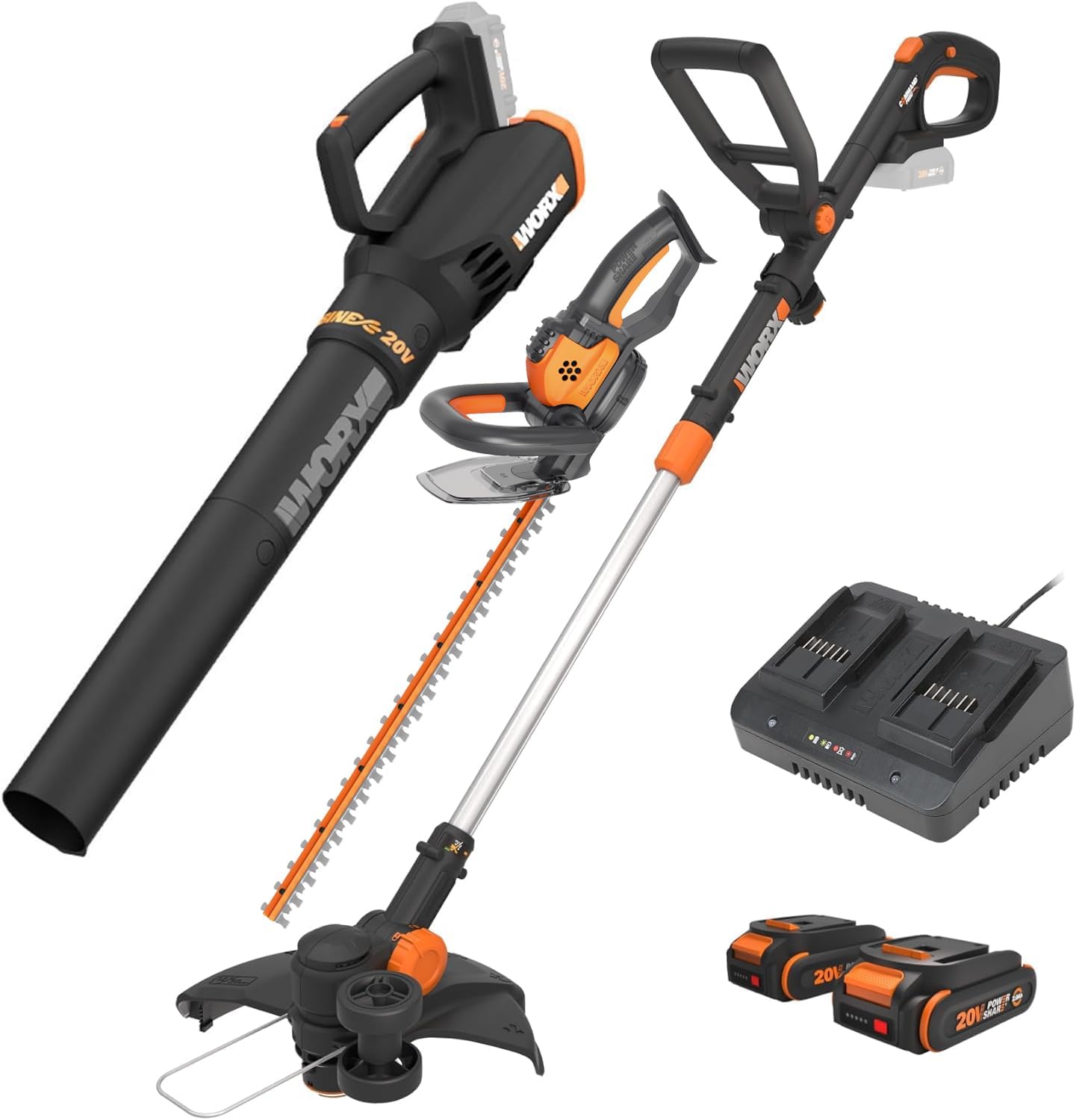 Worx 20V String Trimmer + Turbine Blower + Hedge Trimmer (Batteries & Charger Included) - B082TDQ3SJ