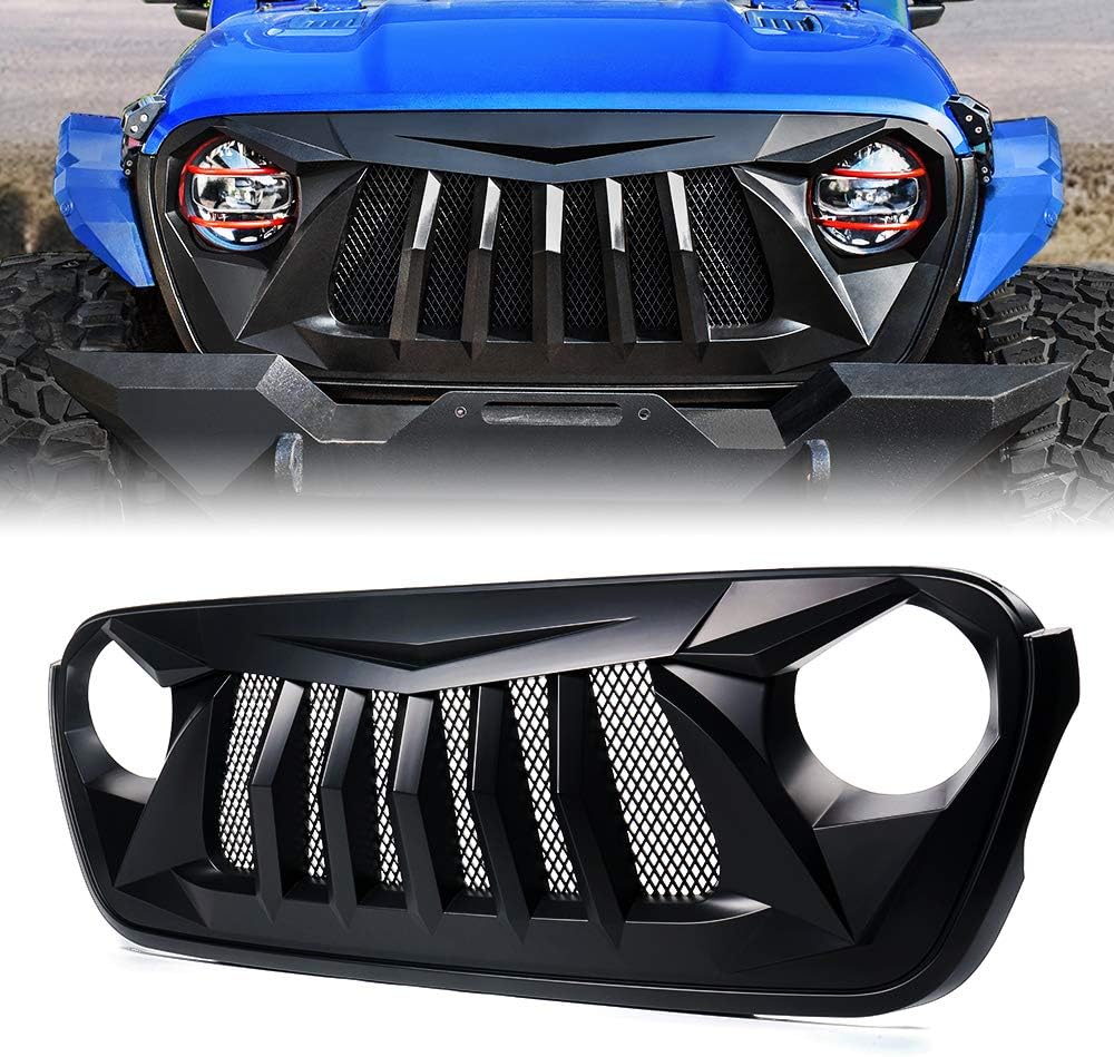 Xprite Matte Black Front Grille Grid Grill w/Mesh Compatible with 2018-2024 Jeep Wrangler JL&2020+ G - B08GS49JMF