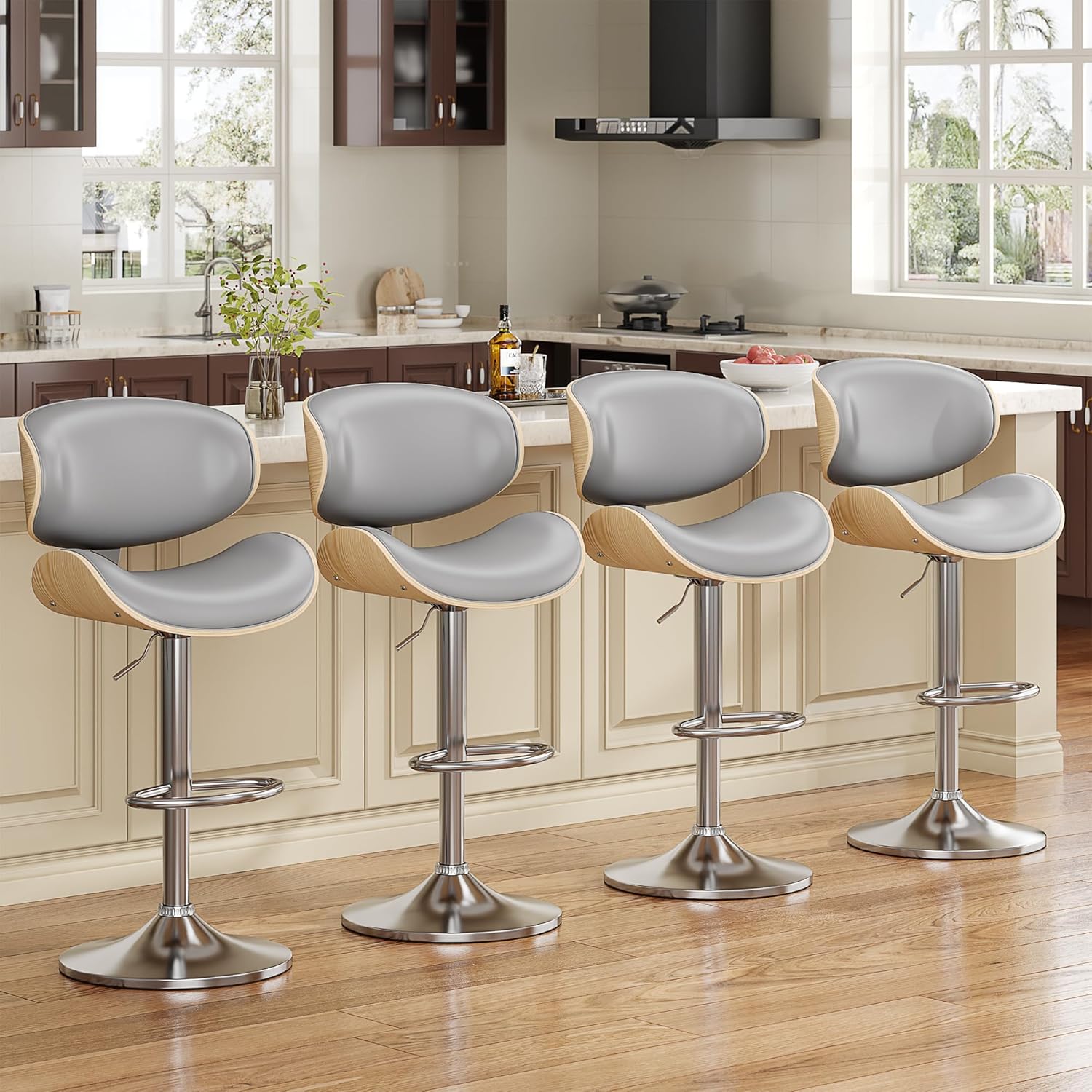 YaFiti Bar Stools Set of 4, Bentwood Adjustable Height Swivel Bar Stools, PU Leather Upholstered - B0CGRJCNGJ