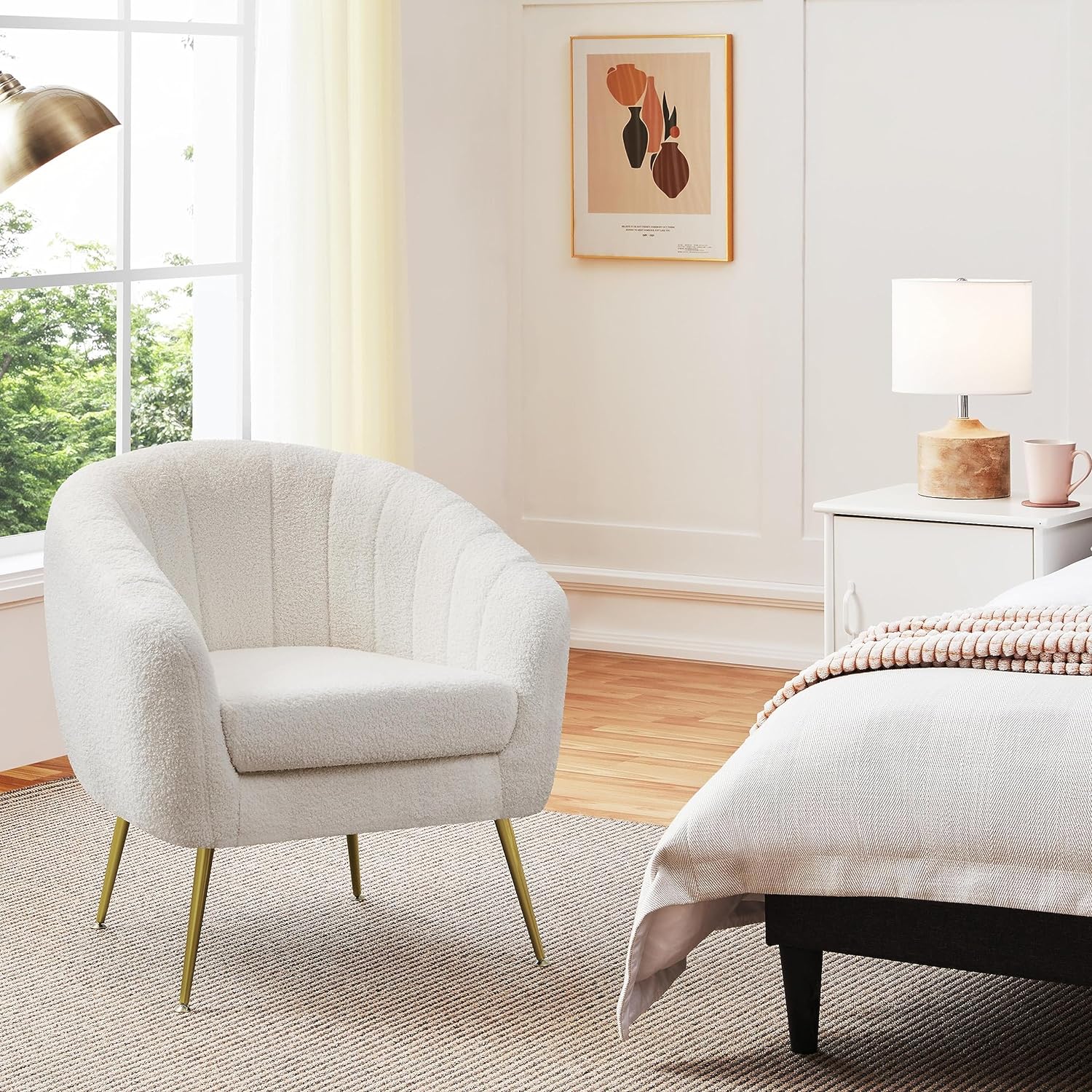 Yaheetech Sherpa Fabric Accent Chair, Modern Cozy Vanity Chair with Gold Metal Legs, Boucle Fabric - B0CG1BQZ8L