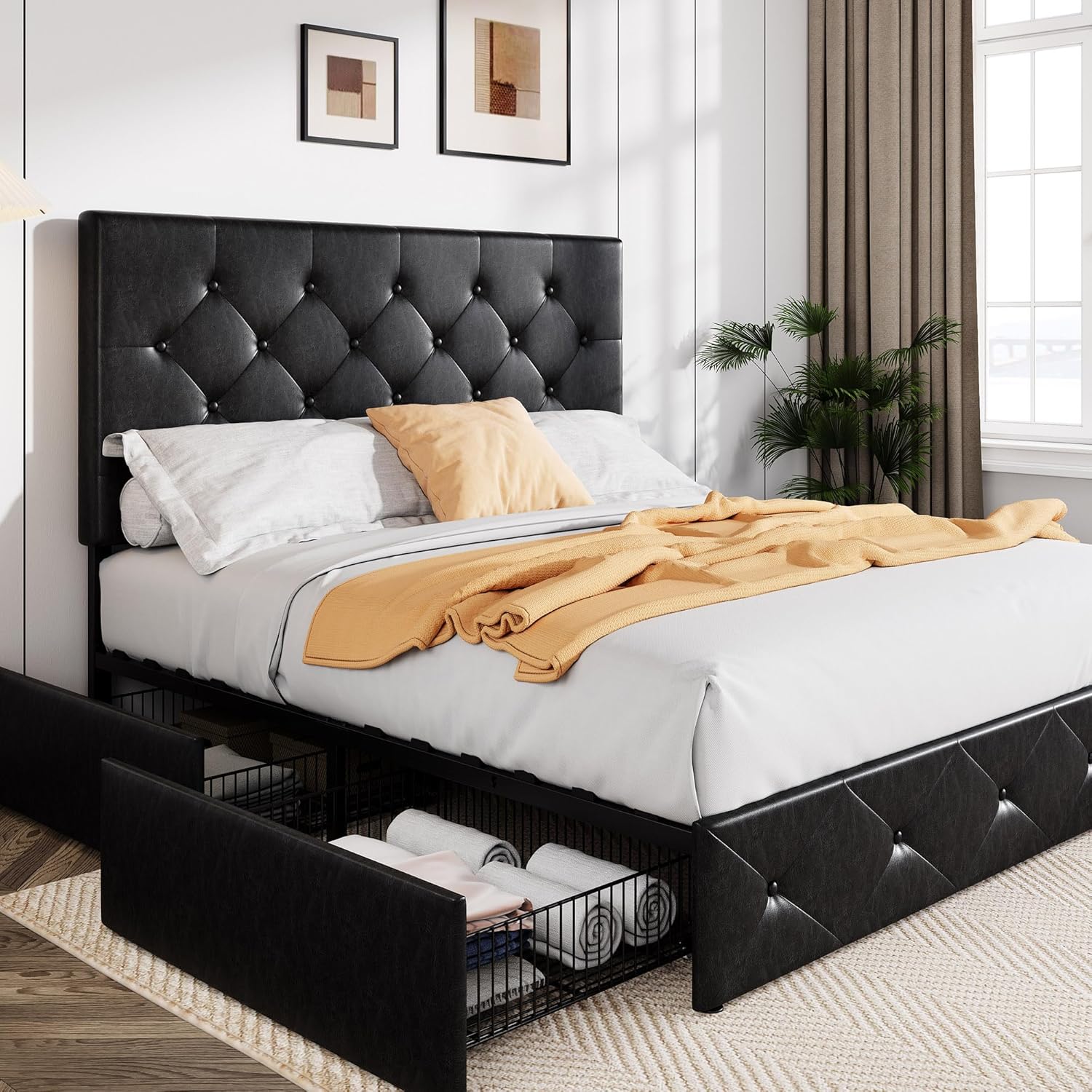 Allewie Upholstered Queen Size Platform Bed Frame with 4 Storage Drawers and Headboard, Diamond Stit - B0CBP5DRPN