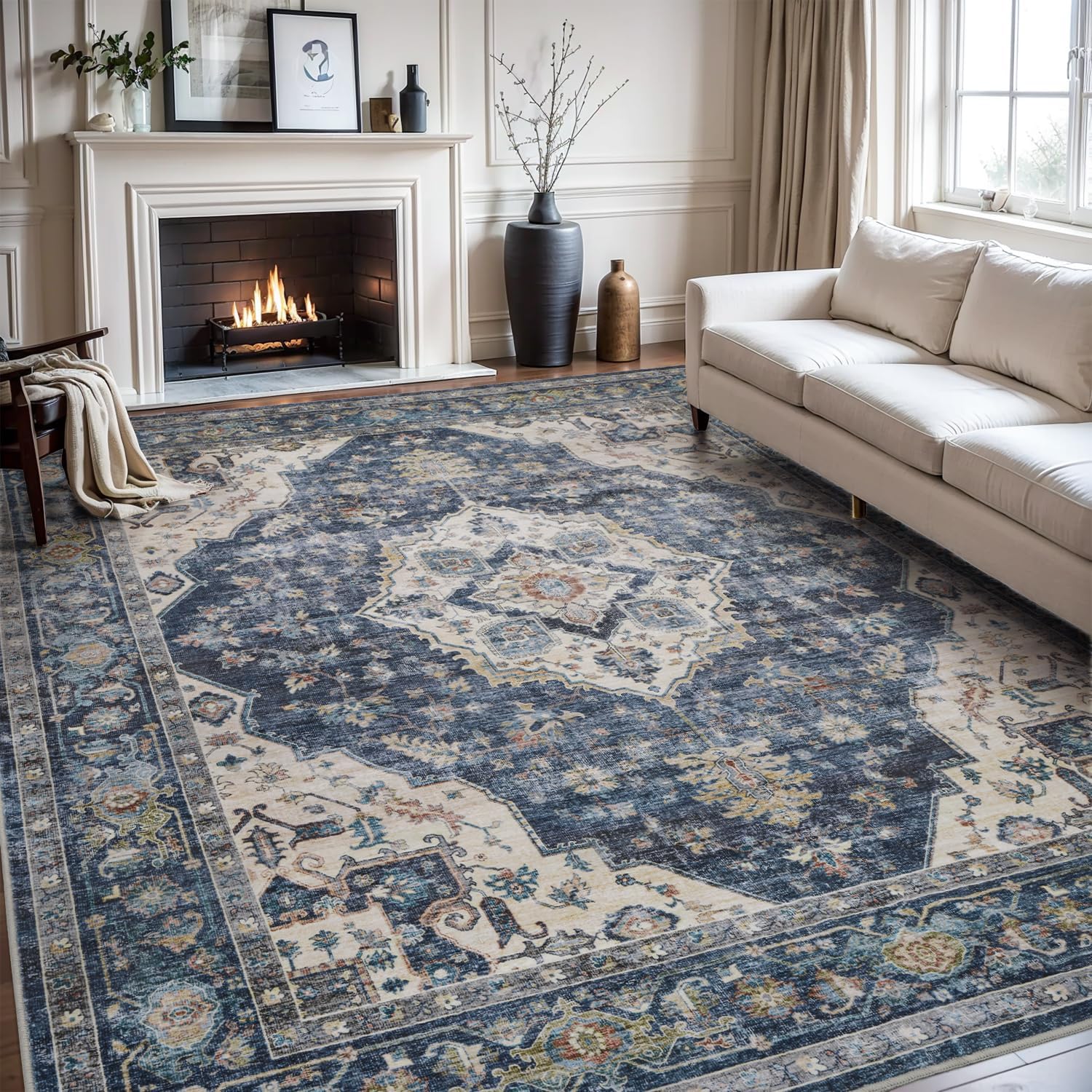 AMOAMI-Area Rug 8X10 Rugs for Living Room-Vintage Soft Blue Rugs for Bedroom-Non Slip Carpet-Washabl - B0DBYYYFDF