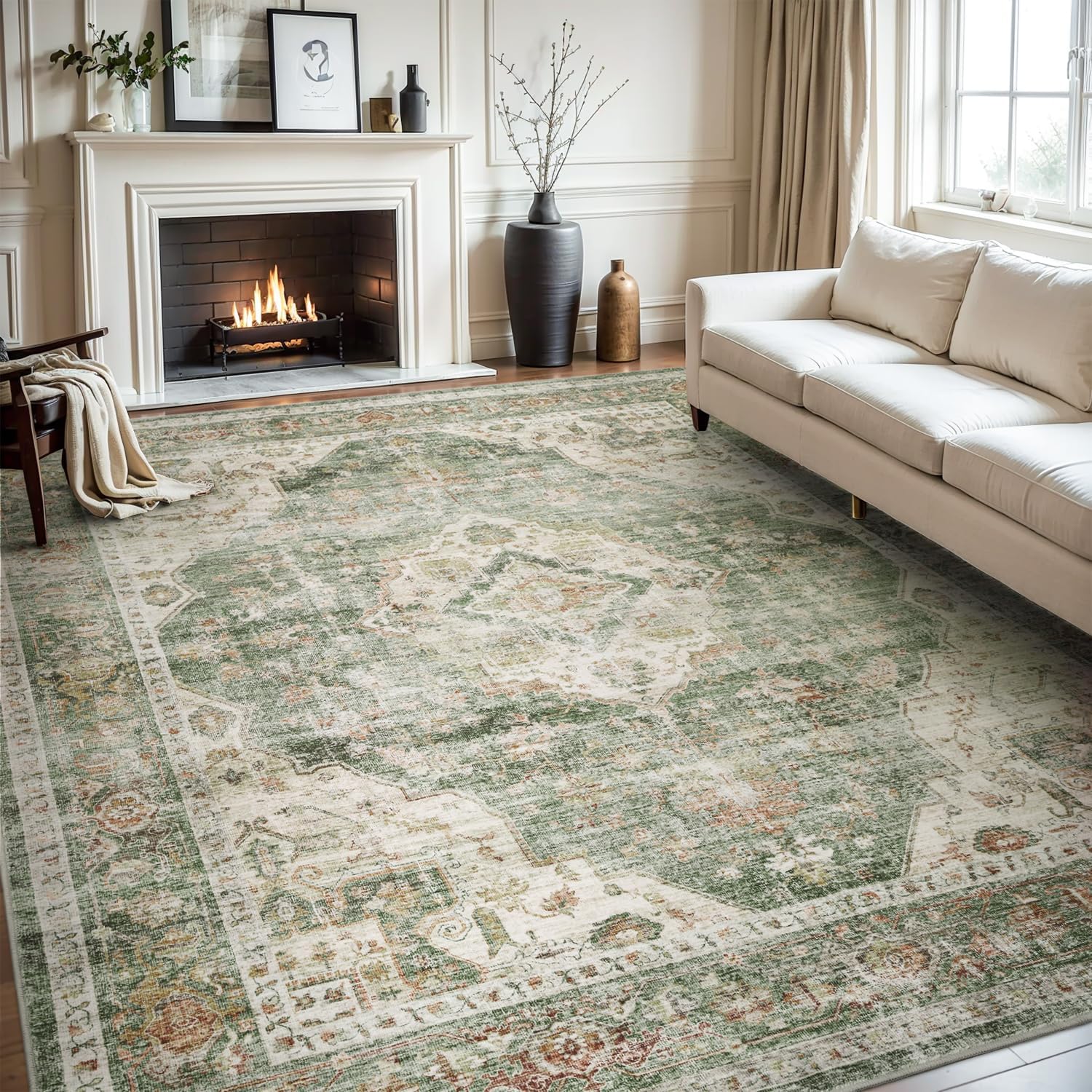AMOAMI Vintage Soft Green Area Rug - 9x12, Non-Slip, Washable for Living Room, Bedroom, Dining - B0DBYF4K2F