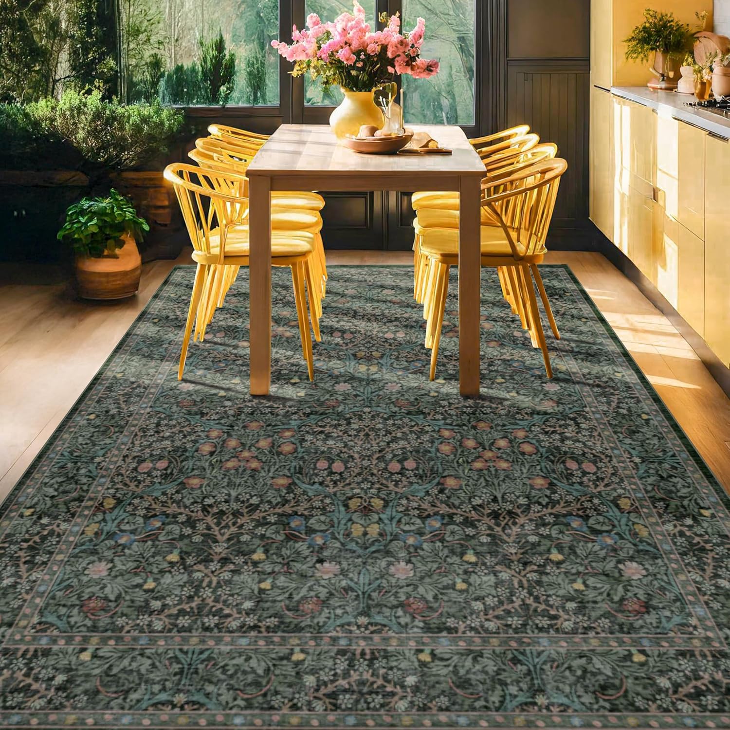 Dining Room Rugs for Under Table - 6x9 Washable Dark Green Oriental Area Rug for - B0DKSN5WCN