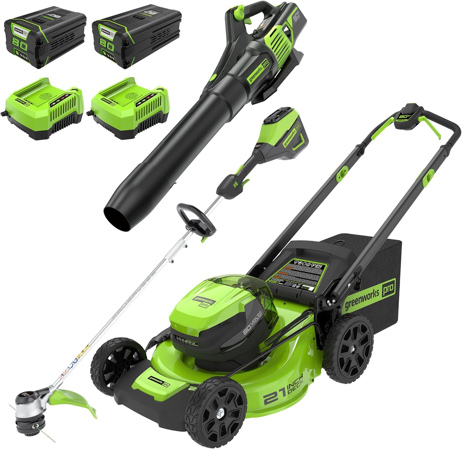 Greenworks 80V 21" Cordless Battery Push Lawn Mower,16" Cordless Battery String Trimmer & 730 CFM - B0CBFKSDF8