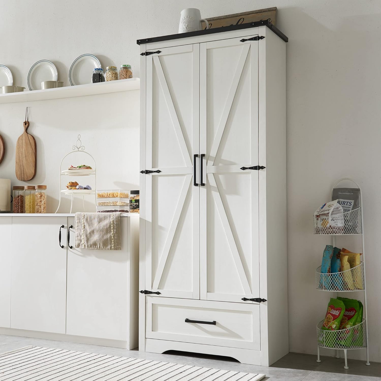 JXQTLINGMU Farmhouse Kitchen Pantry Cabinet - 72" Tall Wood Kitchen Storage Cabinets with Adjustable - B0DBHC77VY