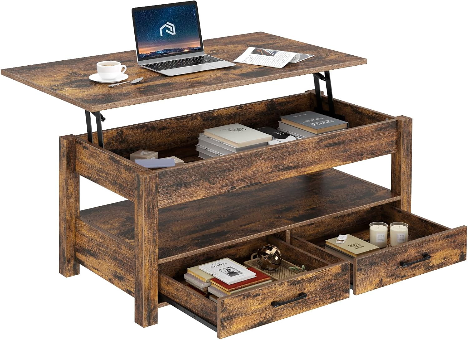 Rolanstar Coffee Table, Lift Top Coffee Table with Drawers and Hidden Compartment, Retro Central Tab - B08SBNK4G7