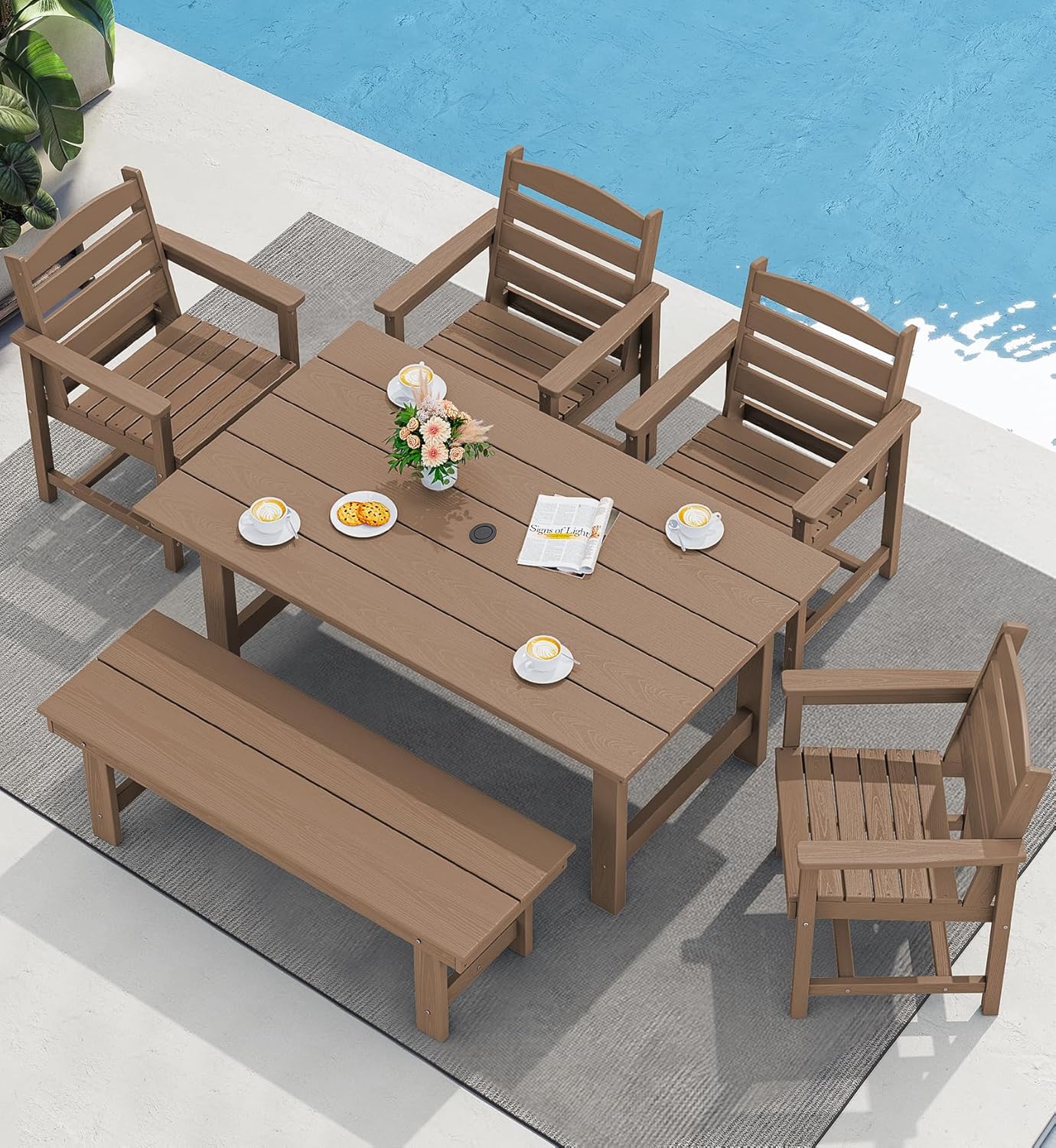 SERWALL Outdoor Dining Set for 6, HDPE Furniture with Umbrella Hole & Bench & Chairs, - B0DNR2RLMP
