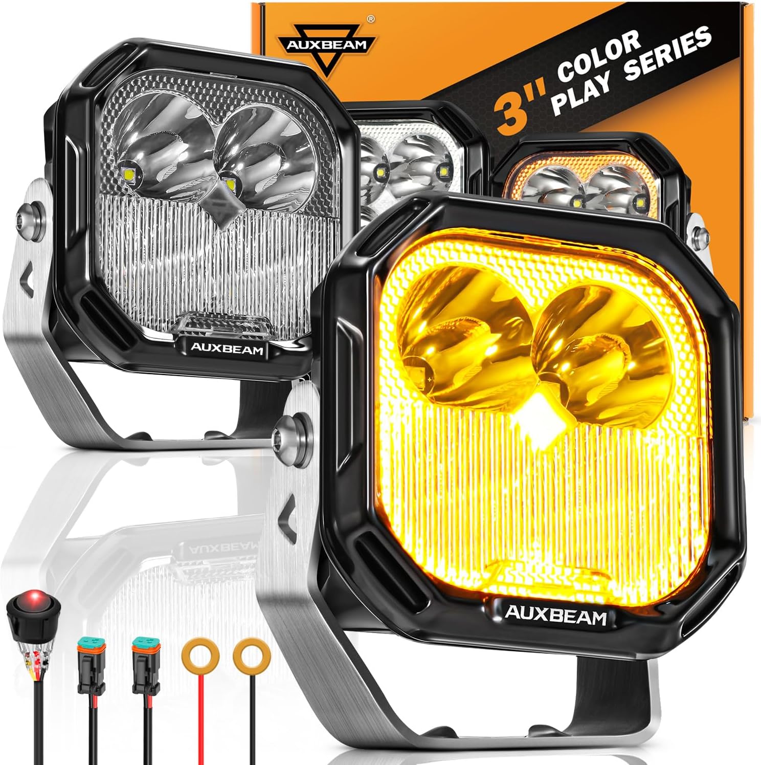 Auxbeam Color Play Series Flood Spot Combo Beam 3 Inch 100W LED Pod Lights with - B0DPSFYYV9