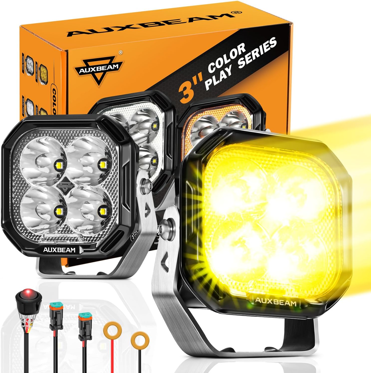Auxbeam Color Play Series Spot Beam 3" 100W LED Pods, Amber White DRL & Turn - B0DPSG1STY