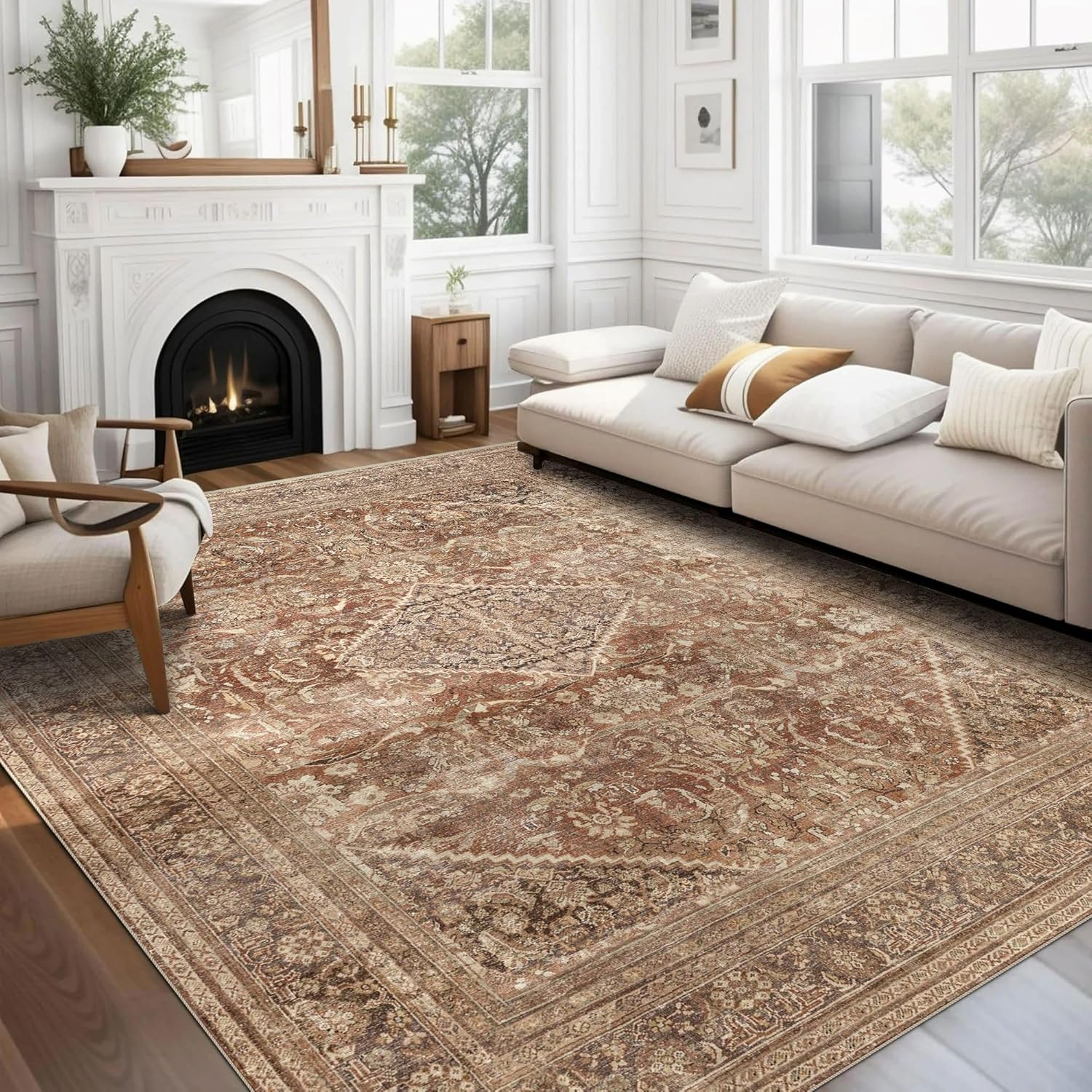 vivorug 8x10 Area Rugs, Stain Resistant Washable Rug for Living Room, Vintage Inspired Rug (Rust/Ant - B0DD7CDN4V
