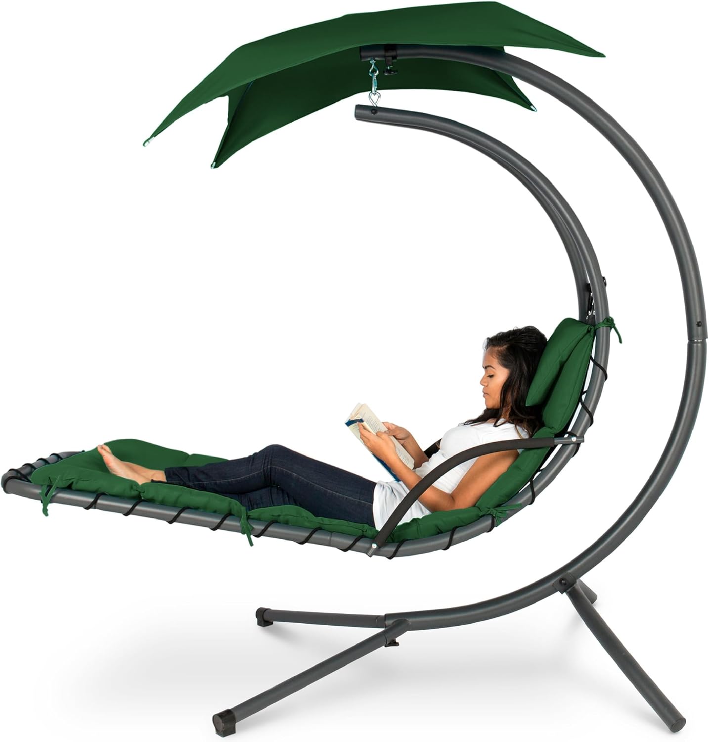 Best Choice Products Outdoor Hanging Curved Steel Chaise Lounge Chair Swing w/Built-in Pillow and Re - B0DRB3X8P9