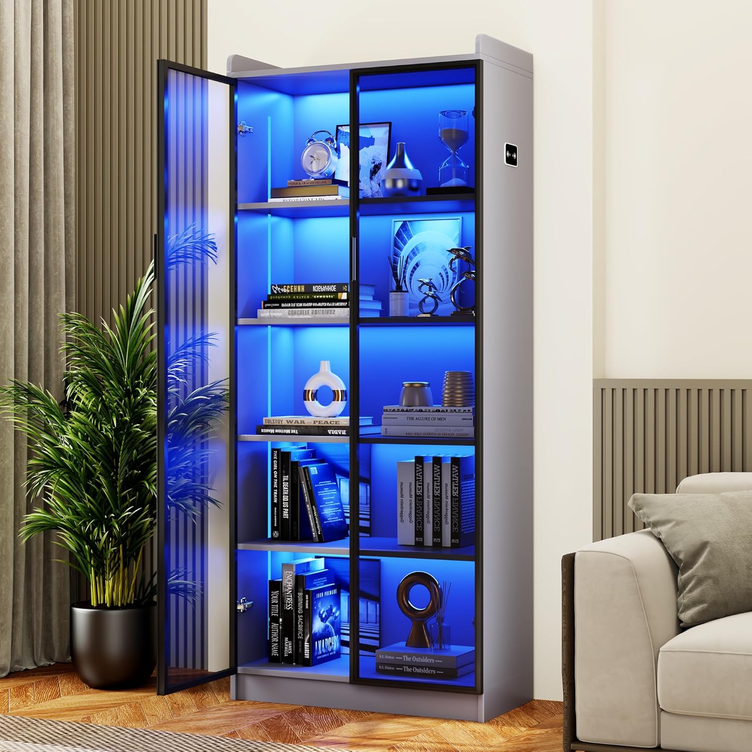 Dystler 65" Tall Display Cabinet with Doors, Lighted Bookcase with Lights/Human Sensor, 5 Tier Displ - B0DQFTK3KW